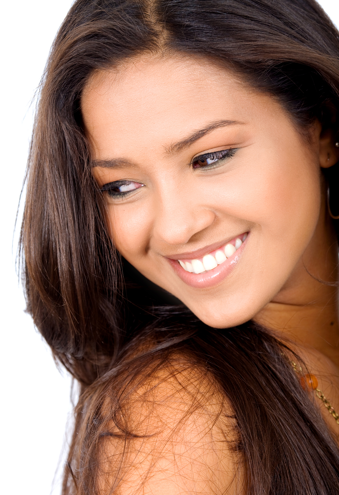 beautiful young dark haired woman smiling nice white teeth, looking left, Encinitas, CA cosmetic dentistry